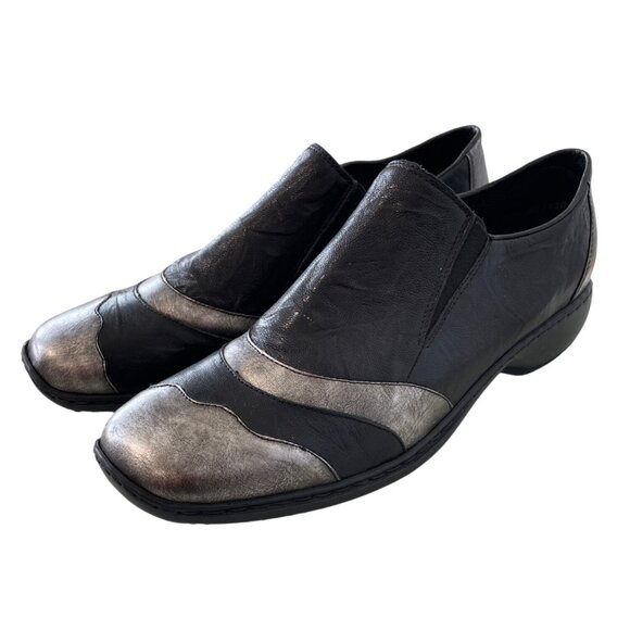 Rieker Mikko Shoe Size 42 Slip On Leather Black Silver Colorblock Casual Comfort - Picture 1 of 9